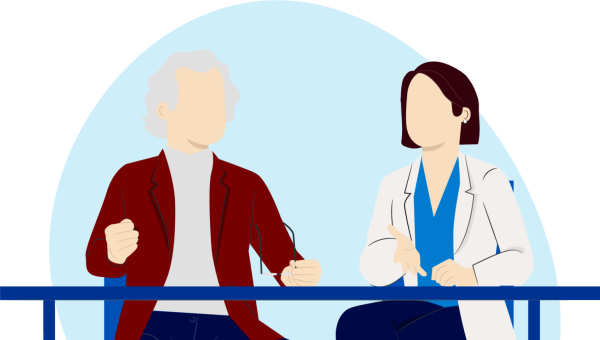 Ilustración de una doctora conversando con un paciente adulto mayor.